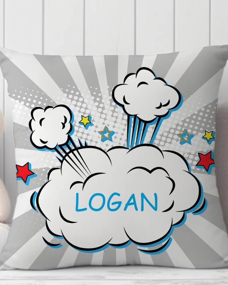 Gray cushion with a comic book style explosion graphic featuring the name Logan.
