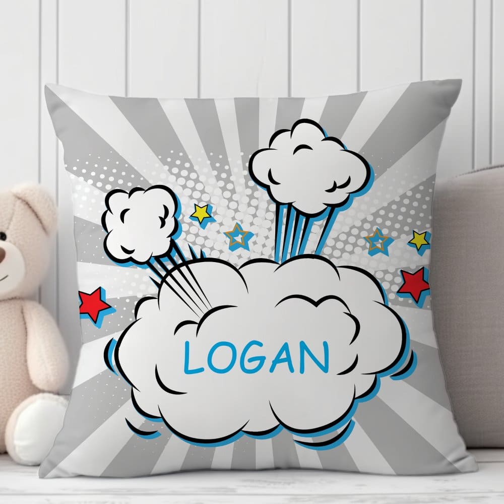 Gray Cushion With A Comic Book Style Explosion Graphic Featuring The Name Logan.