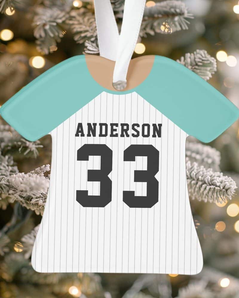 Baseball jersey-shaped Christmas ornament with the name Anderson and number 33.
