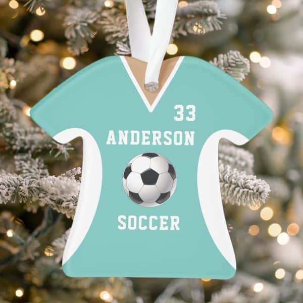 Teal Soccer Jersey-Shaped Christmas Ornament With The Name Anderson, Number 33, And A Soccer Ball.