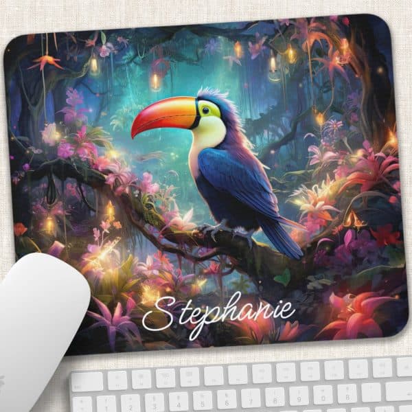 A Toucan Perched On A Branch In A Vibrant, Enchanted Forest Scene. The Name Stephanie Is Written Below The Bird.