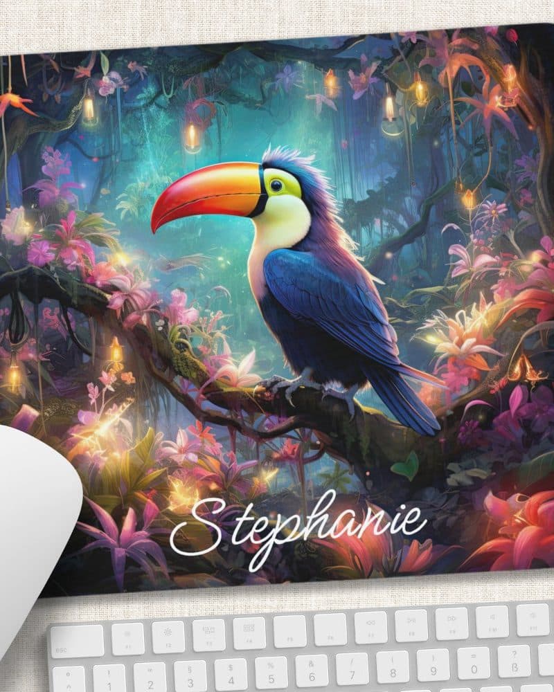 A toucan perched on a branch in a vibrant, enchanted forest scene. The name Stephanie is written below the bird.