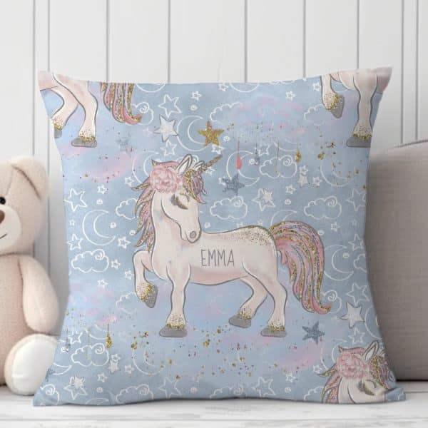 Light Blue Square Pillow Featuring A Sparkly Glitter Unicorn With The Name Emma.