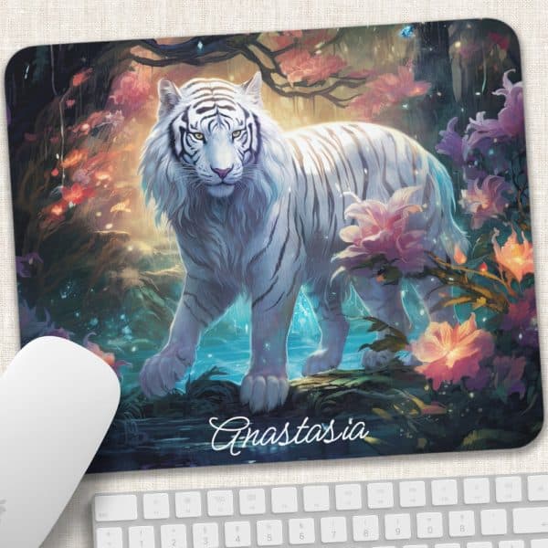 A Majestic White Tiger Stands In A Mystical Forest, Surrounded By Vibrant Flowers. The Name Anastasia Is Inscribed At The Bottom.