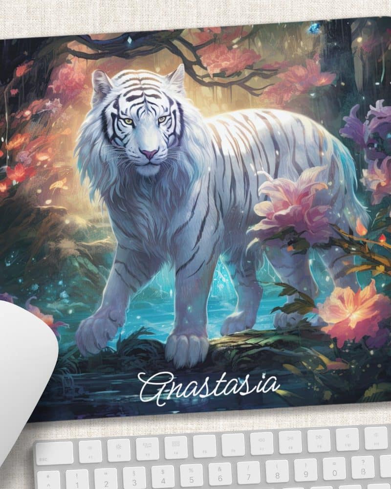 A majestic white tiger stands in a mystical forest, surrounded by vibrant flowers. The name Anastasia is inscribed at the bottom.