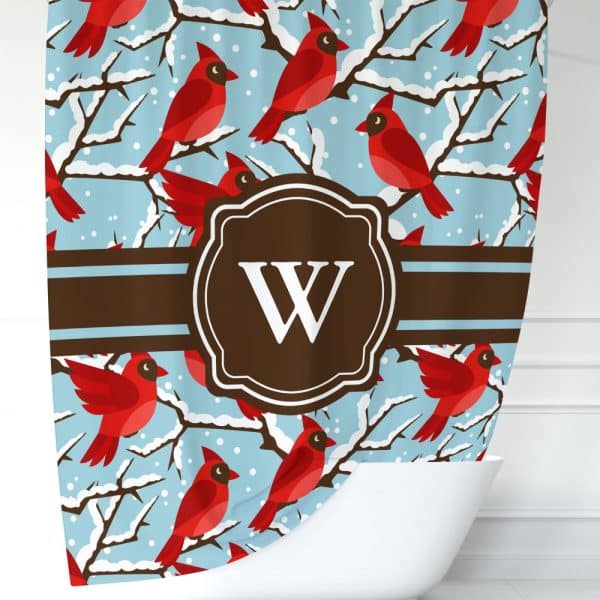 Shower Curtain With A Winter Scene Of Red Cardinals On Snow-Covered Branches And A Brown Monogram W.