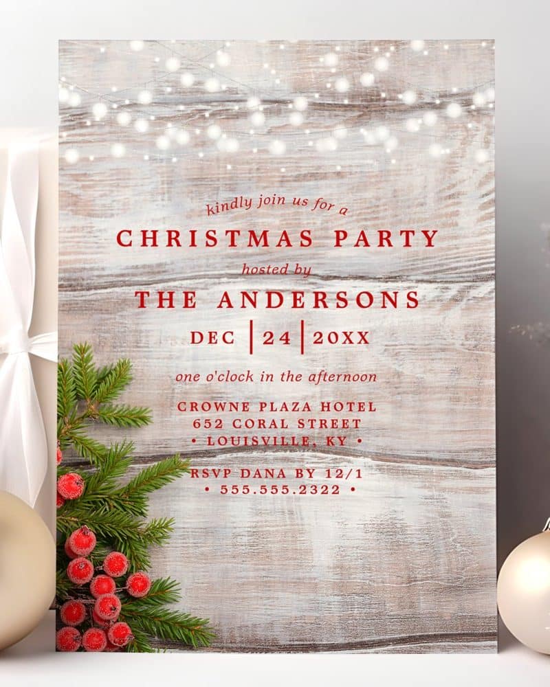 Christmas party invitation with wood background, string lights, and red berries.
