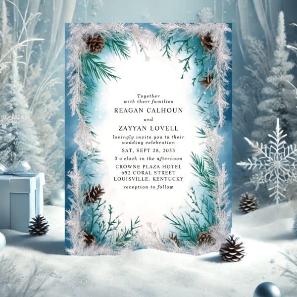 Wedding Invitation For Reagan Calhoun And Zayyan Lovell, Featuring A Wintery Design With Pine Branches And Pinecones.
