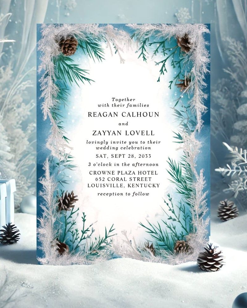 Wedding invitation for Reagan Calhoun and Zayyan Lovell, featuring a wintery design with pine branches and pinecones.