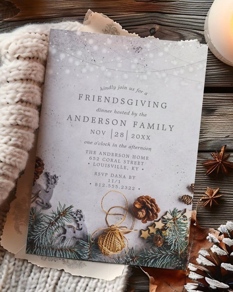 Friendsgiving invitation with wintery design.