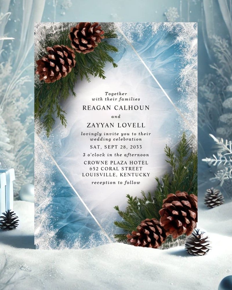 Winter-themed wedding invitation with pine cones and evergreen branches.