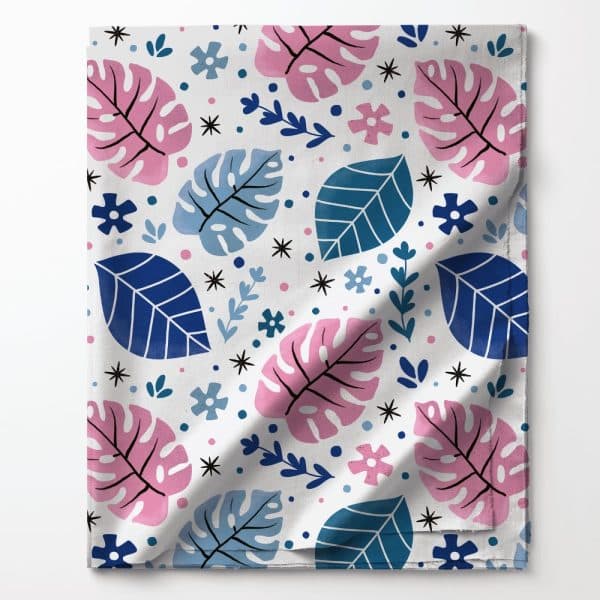 White Fabric With A Repeating Pattern Of Pink And Blue Leaves And Small Flowers.