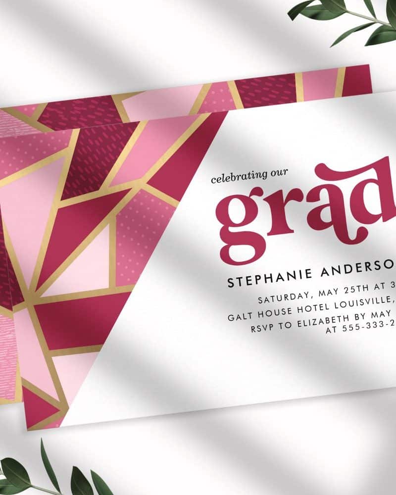 Graduation invitation for Stephanie Anderson with a geometric pink and gold design.