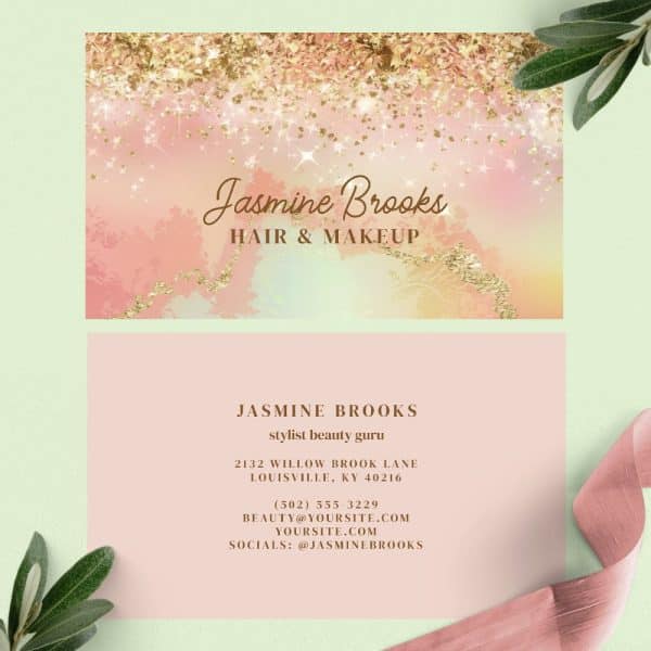 Business Card For Jasmine Brooks, Hair And Makeup Stylist. The Card Features A Peach And Gold Design.