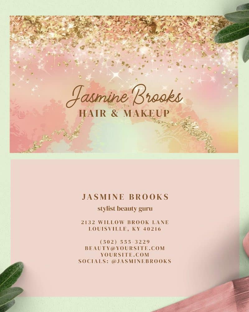 Business card for Jasmine Brooks, hair and makeup stylist. The card features a peach and gold design.