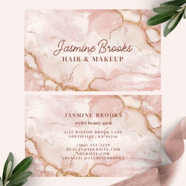 Two Pink And Gold Business Cards For Jasmine Brooks, Hair And Makeup Stylist.