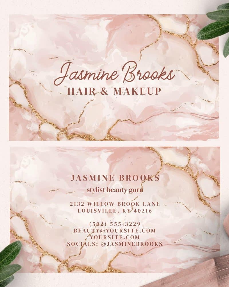 Two pink and gold business cards for Jasmine Brooks, hair and makeup stylist.