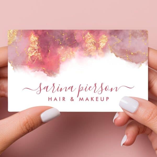A Pink And Gold Business Card For Sarina Pierson, Hair And Makeup Artist.