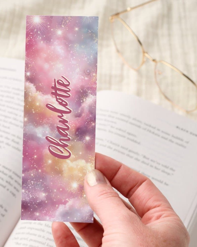 Pink and Gold Sparkling Galaxy Personalized Bookmarks