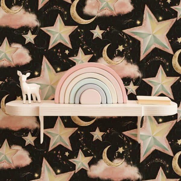 A Pastel Rainbow Wooden Toy Sits On A Shelf Against A Dark Background Featuring A Whimsical Star And Crescent Moon Pattern.