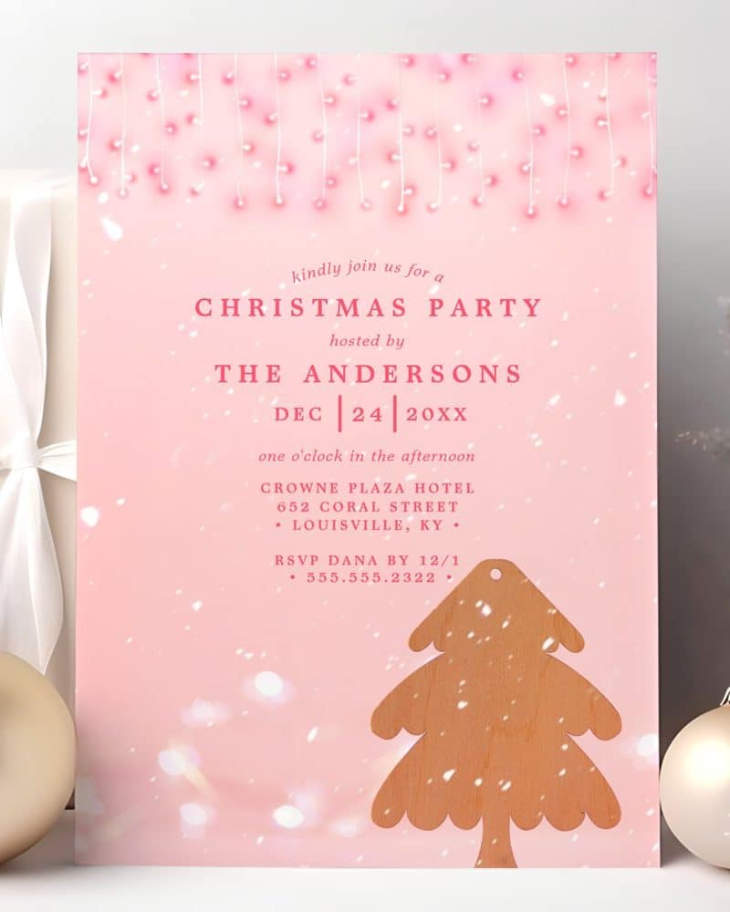 Pink Christmas party invitation with a wood-cut tree decoration and string lights design.