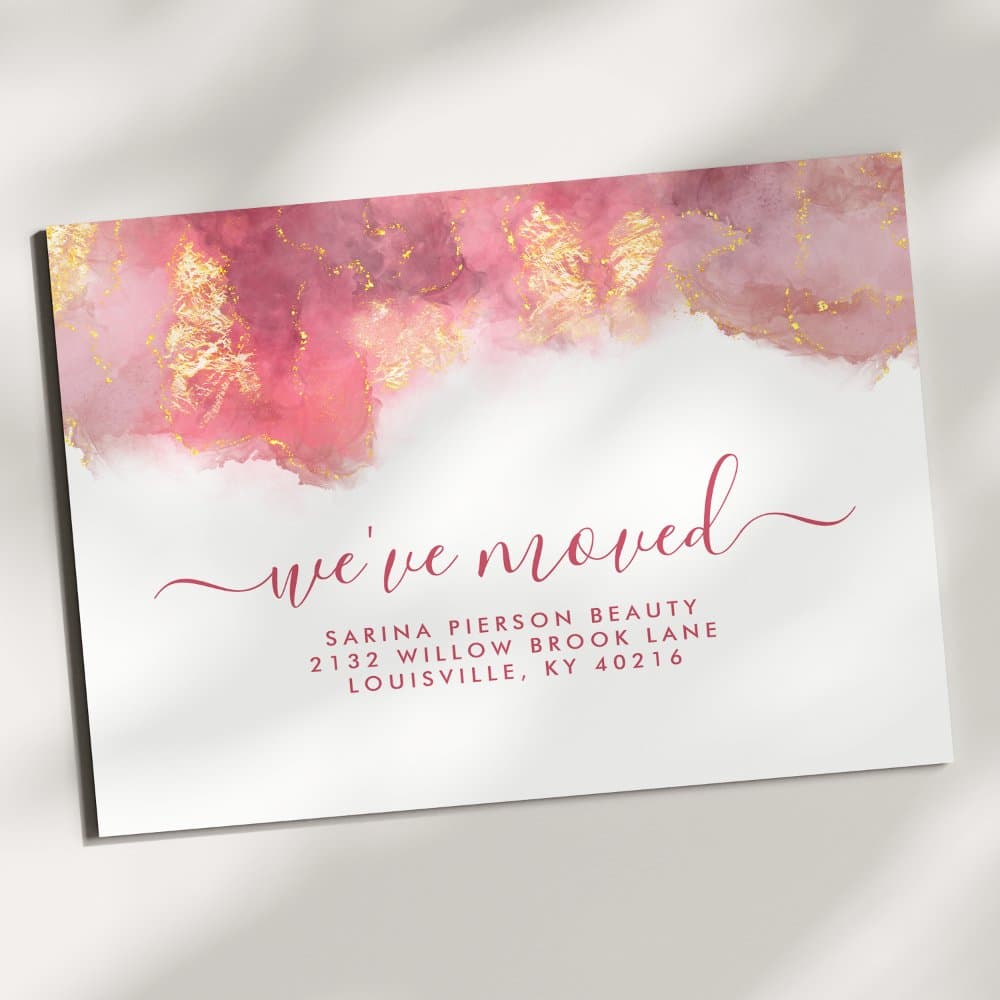 A Moving Announcement Card With A Pink And Gold Watercolor Design. The Text Announces A Move For Sarina Pierson Beauty.