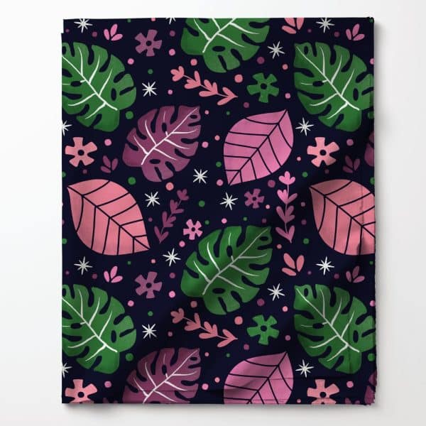 Dark Blue Fabric With A Repeating Pattern Of Pink And Green Leaves And Small Flowers.