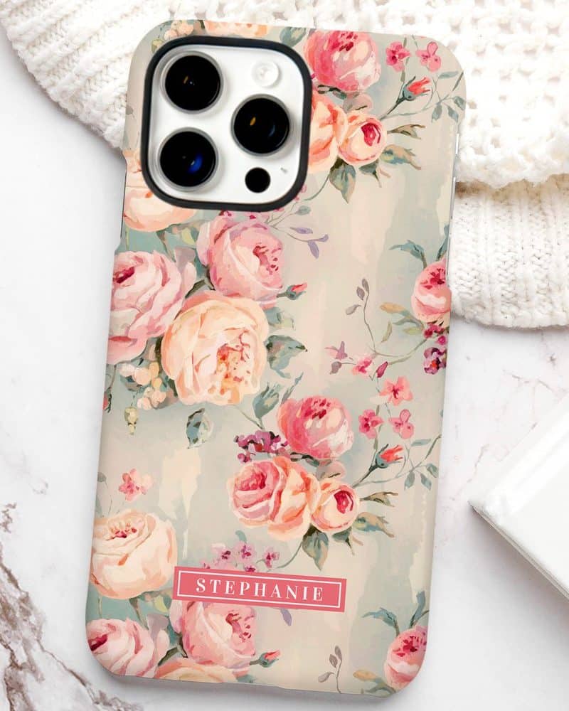 iPhone case with a floral design and the name Stephanie.
