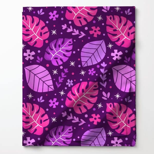 Purple Fabric With A Repeating Pattern Of Pink And Purple Leaves And Flowers.