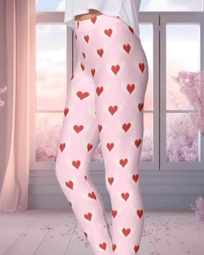 Pink leggings with a repeating pattern of red winged hearts.