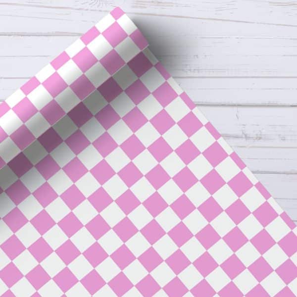 Pink And White Checkered Wrapping Paper Roll.