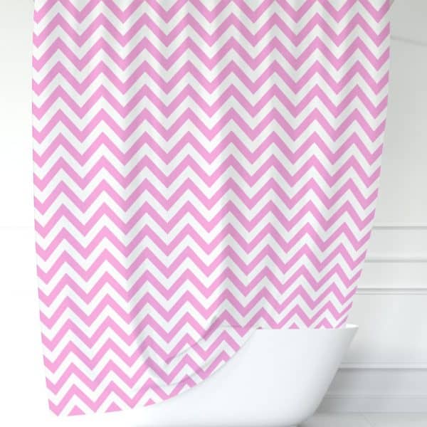 Pink And White Chevron Patterned Shower Curtain.