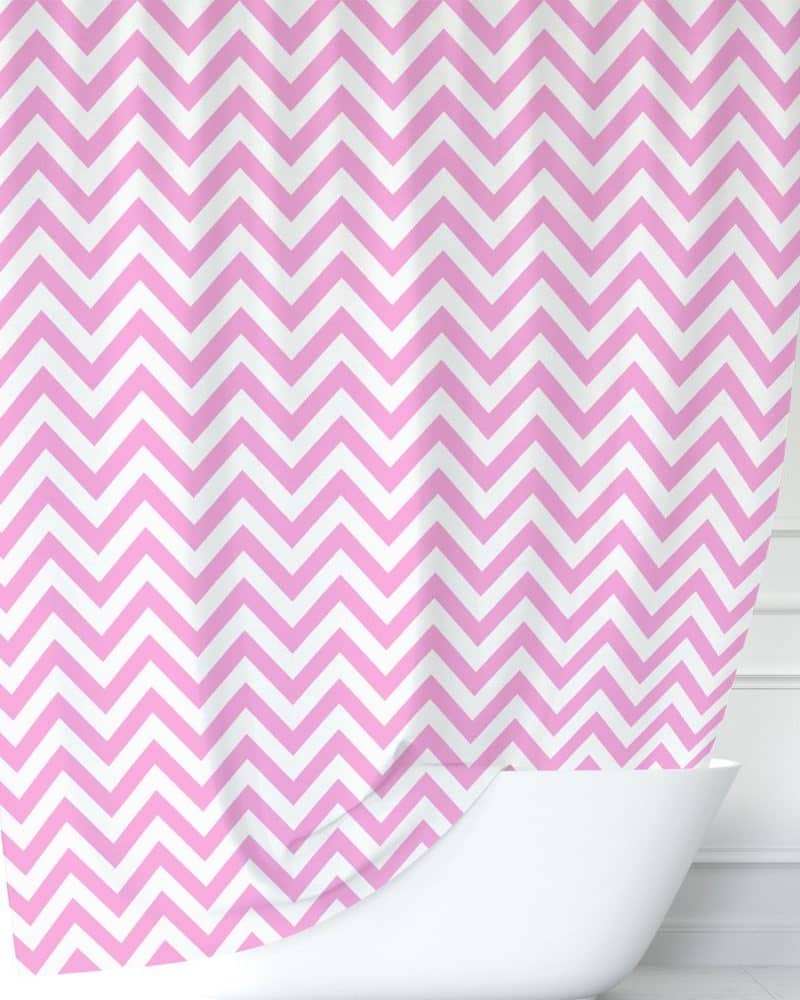 Pink and white chevron patterned shower curtain.