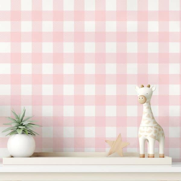 Pink And White Gingham Wallpaper With A Small Giraffe And Potted Plant On A Shelf.