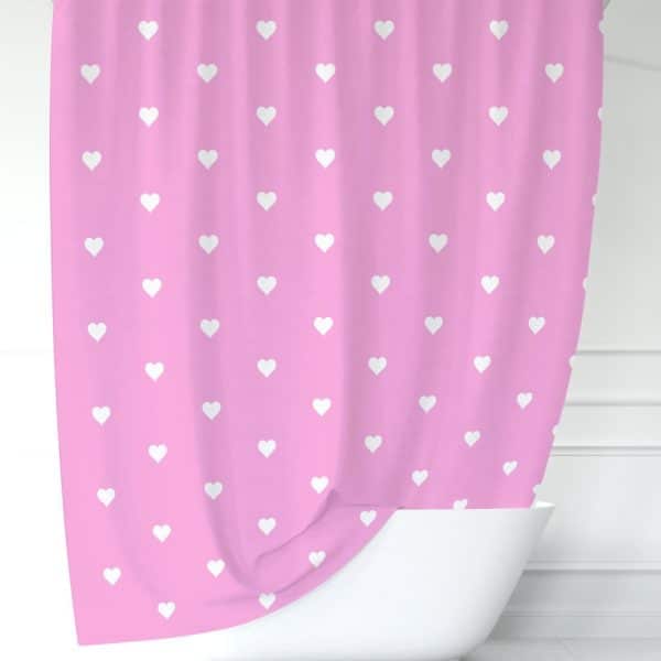 Pink Shower Curtain With A White Heart Pattern.