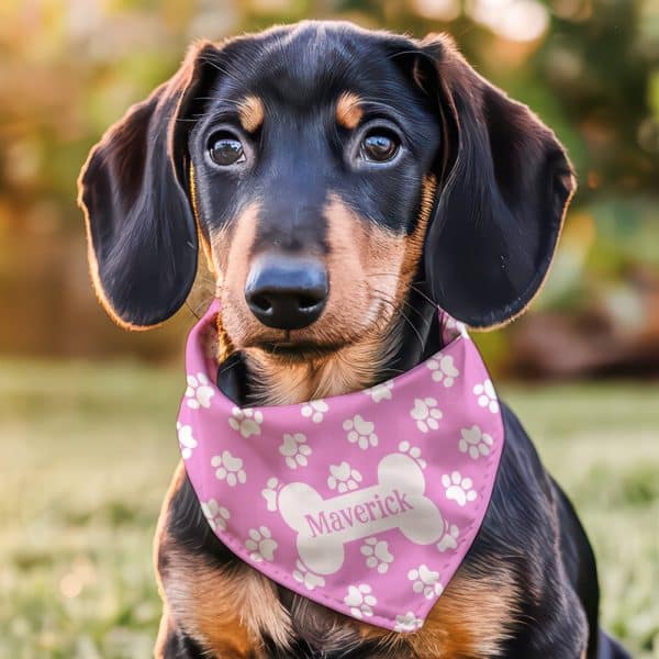 A Dachshund Puppy Wearing A Pink Bandana With White Paw Prints And The Name Maverick.
