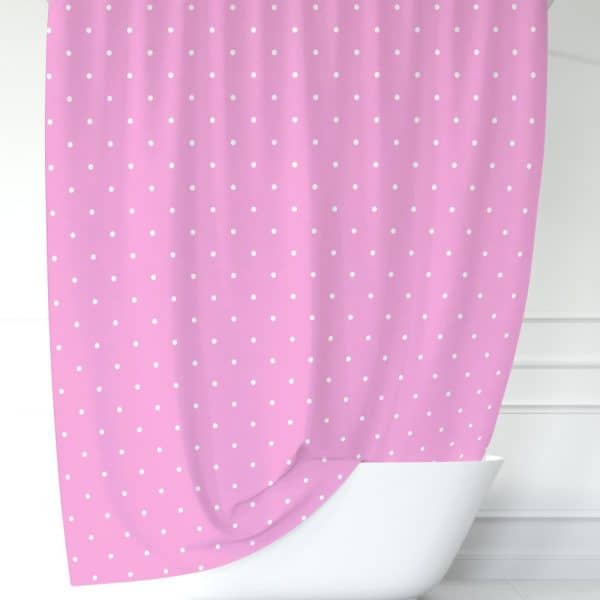 Pink Shower Curtain With White Polka Dots.
