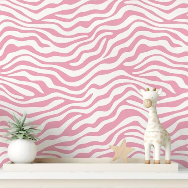 Pink Zebra-Striped Wall With A Small Giraffe Toy And A Succulent Plant On A White Shelf.