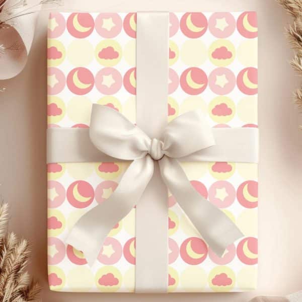 Gift Box With A Pastel Moon And Star Pattern And A Cream-Colored Ribbon.
