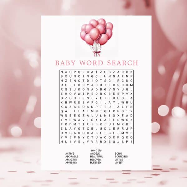 Baby Word Search Puzzle With Pink Balloons.