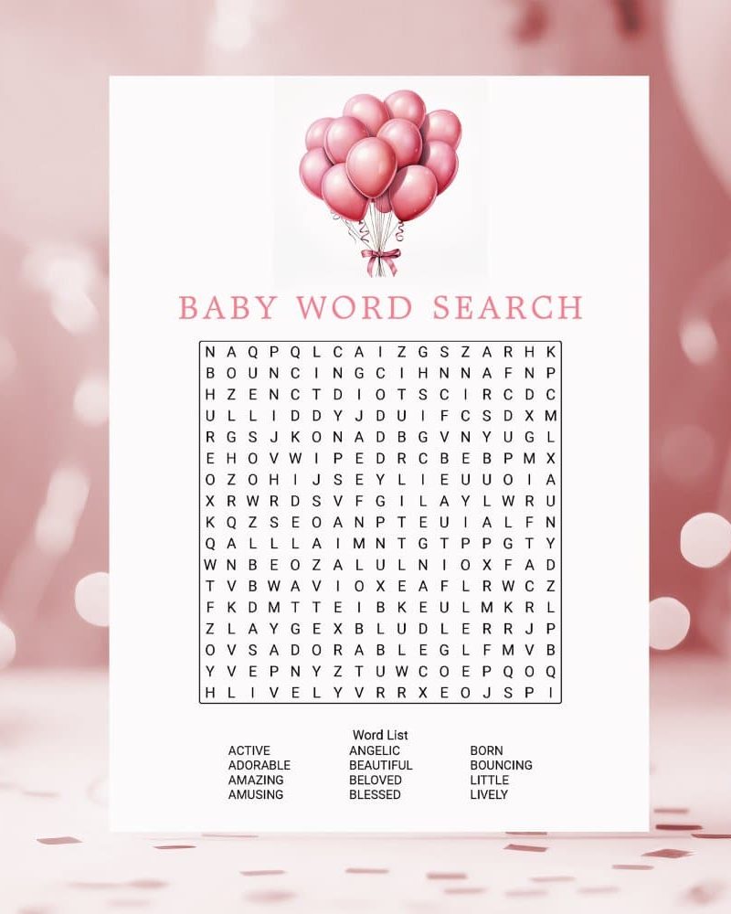Baby word search puzzle with pink balloons.