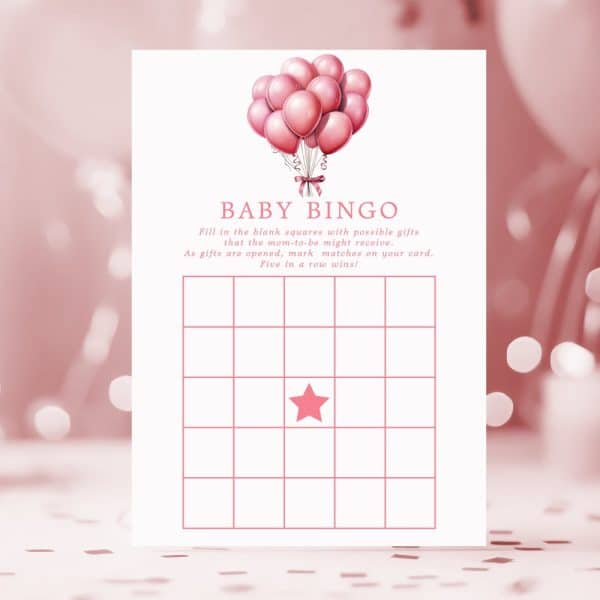 Baby Bingo Card With Pink Balloons Illustration.