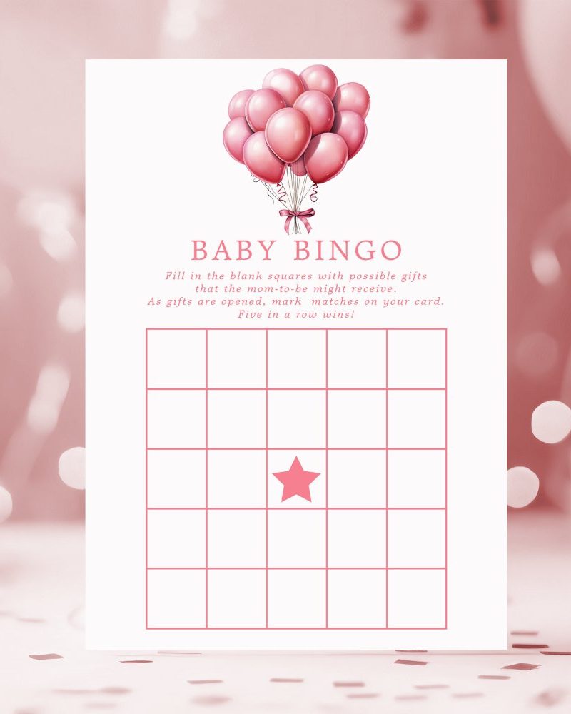 Baby bingo card with pink balloons illustration.