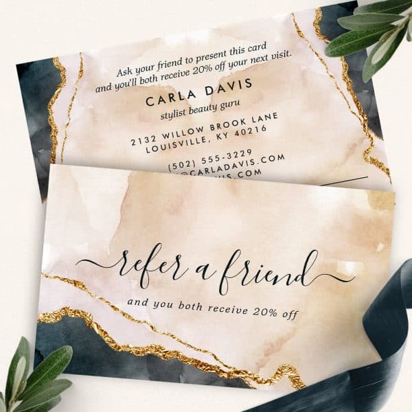 Referral Card For Carla Davis, Stylist And Beauty Guru, Offering 20% Off For Both Referrer And Friend.