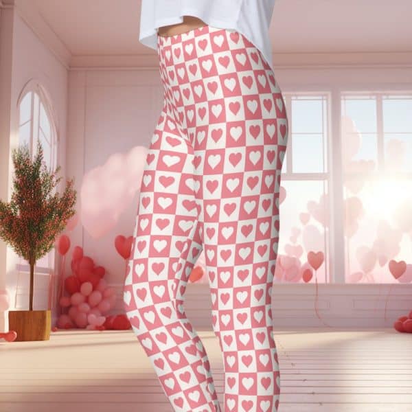 Pink Leggings With A White Checkered Pattern Featuring Pink Hearts.