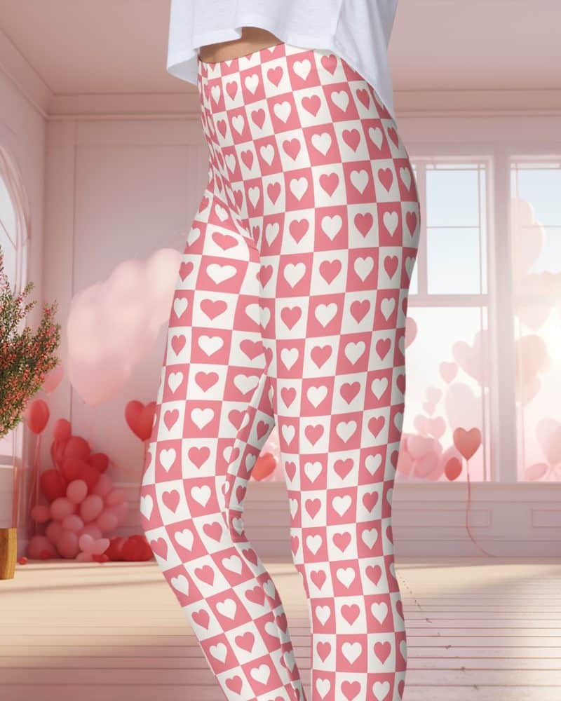 Pink leggings with a white checkered pattern featuring pink hearts.