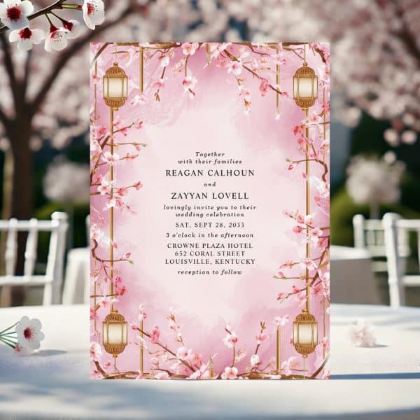 Wedding Invitation With Pink Cherry Blossoms And Gold Lanterns.