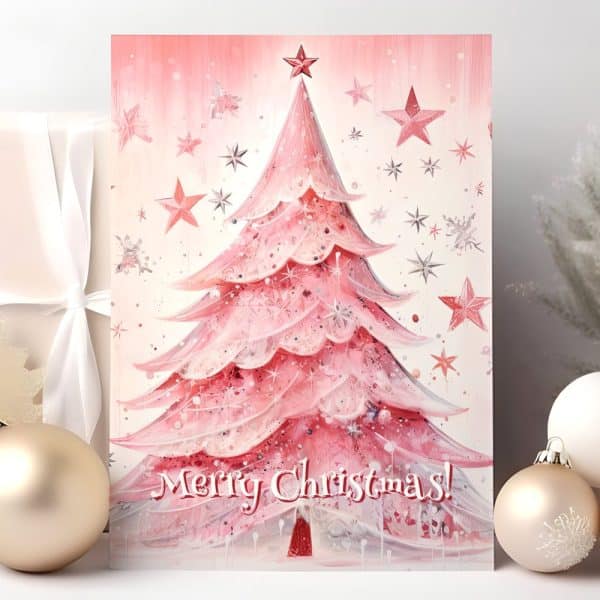 Pink Christmas Tree With Stars And The Words Merry Christmas.
