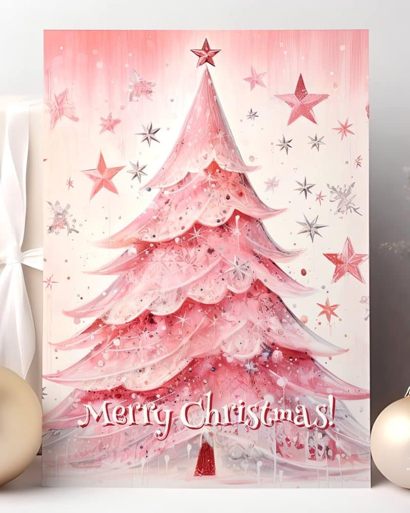 Pink Christmas tree with stars and the words Merry Christmas.