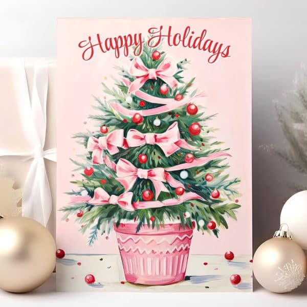 Pink Christmas Tree In A Pink Pot Decorated With Pink Ribbons And Red Ornaments. Happy Holidays Text Is At The Top.